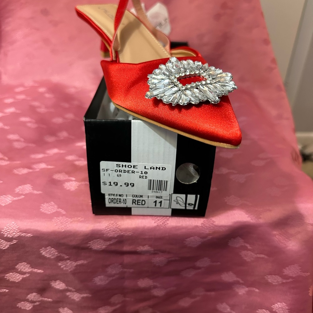 Shoe Land Red Satin Heels with Rhinestone Buckle